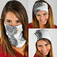 Hawaiian Tribal Tattoo and Plumeria Neck Gaiter Polynesian Pattern White Color