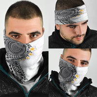 Hawaiian Tribal Tattoo and Plumeria Neck Gaiter Polynesian Pattern White Color