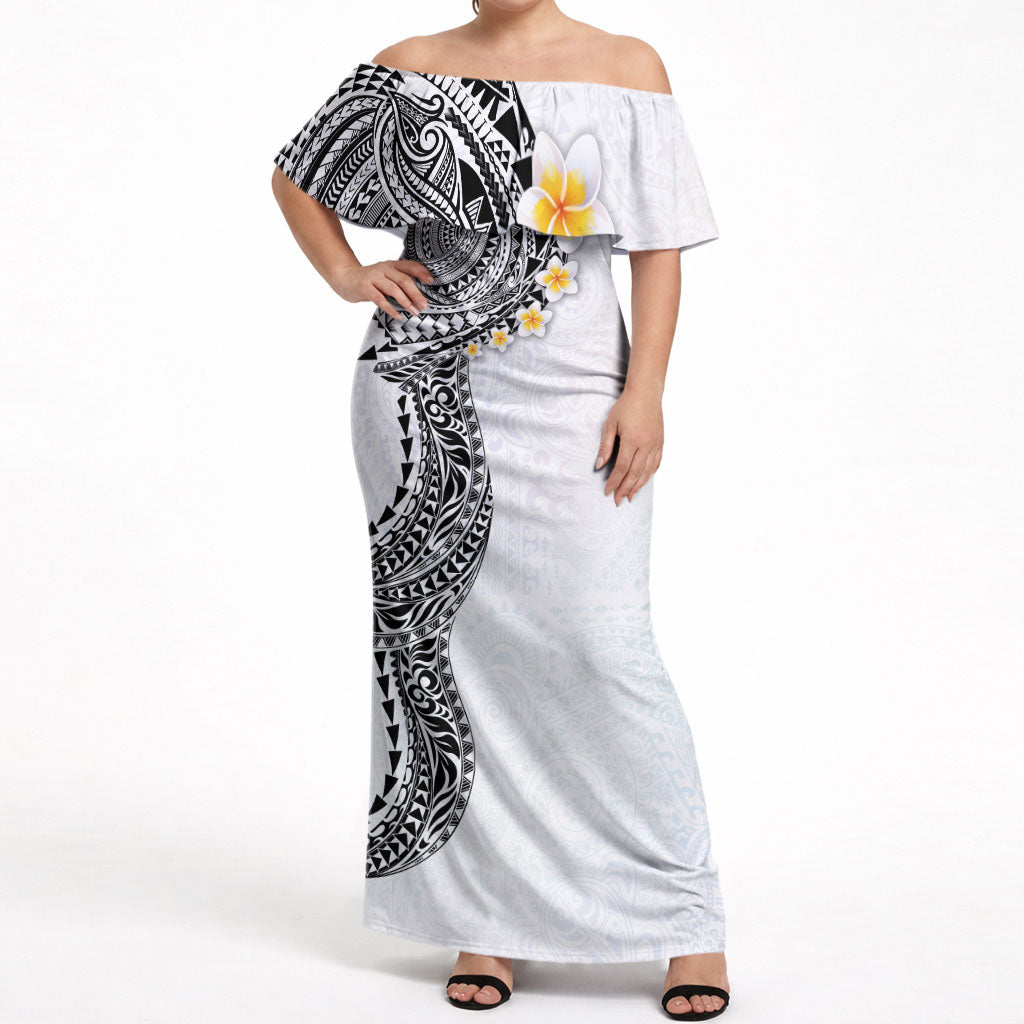 Hawaiian Tribal Tattoo and Plumeria Off Shoulder Maxi Dress Polynesian Pattern White Color