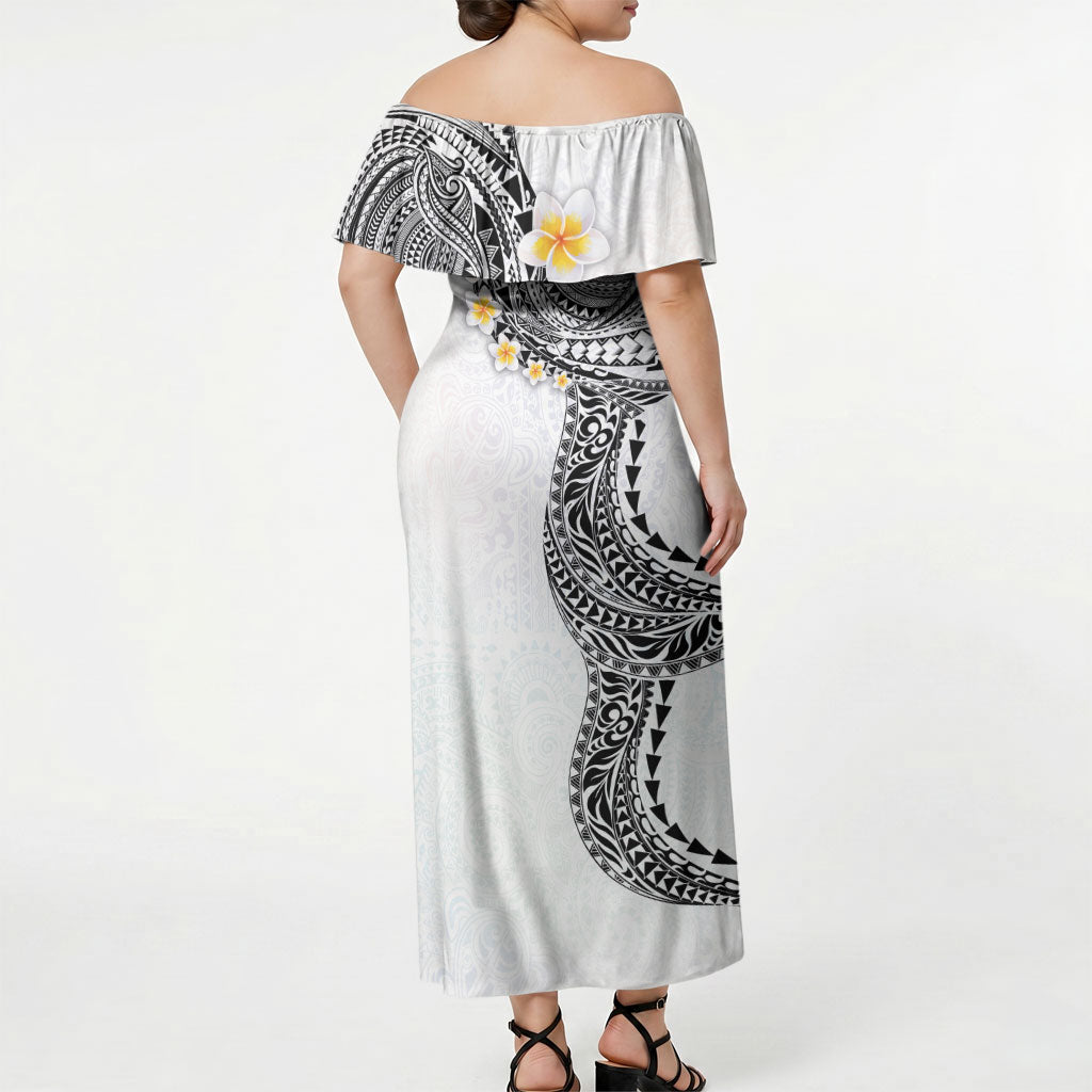 Hawaiian Tribal Tattoo and Plumeria Off Shoulder Maxi Dress Polynesian Pattern White Color