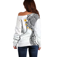 Hawaiian Tribal Tattoo and Plumeria Off Shoulder Sweater Polynesian Pattern White Color