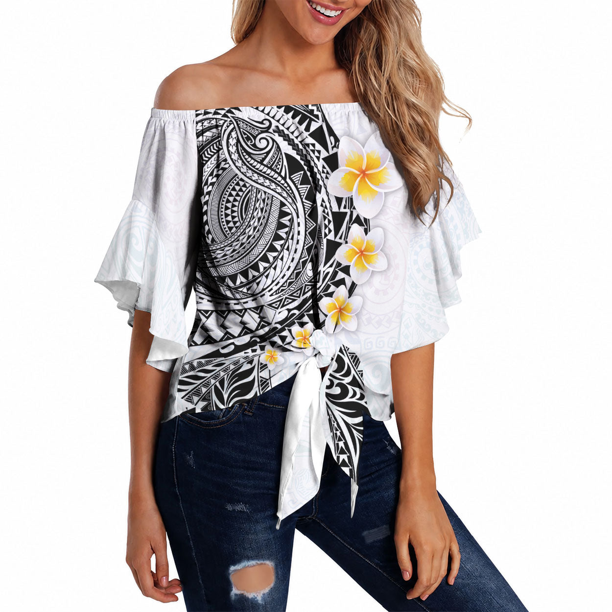 Hawaiian Tribal Tattoo and Plumeria Off Shoulder Wrap Waist Top Polynesian Pattern White Color