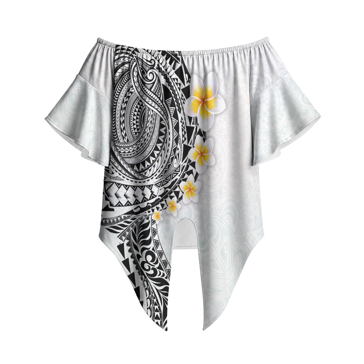 Hawaiian Tribal Tattoo and Plumeria Off Shoulder Wrap Waist Top Polynesian Pattern White Color