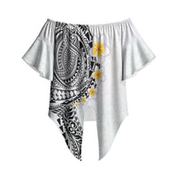 Hawaiian Tribal Tattoo and Plumeria Off Shoulder Wrap Waist Top Polynesian Pattern White Color