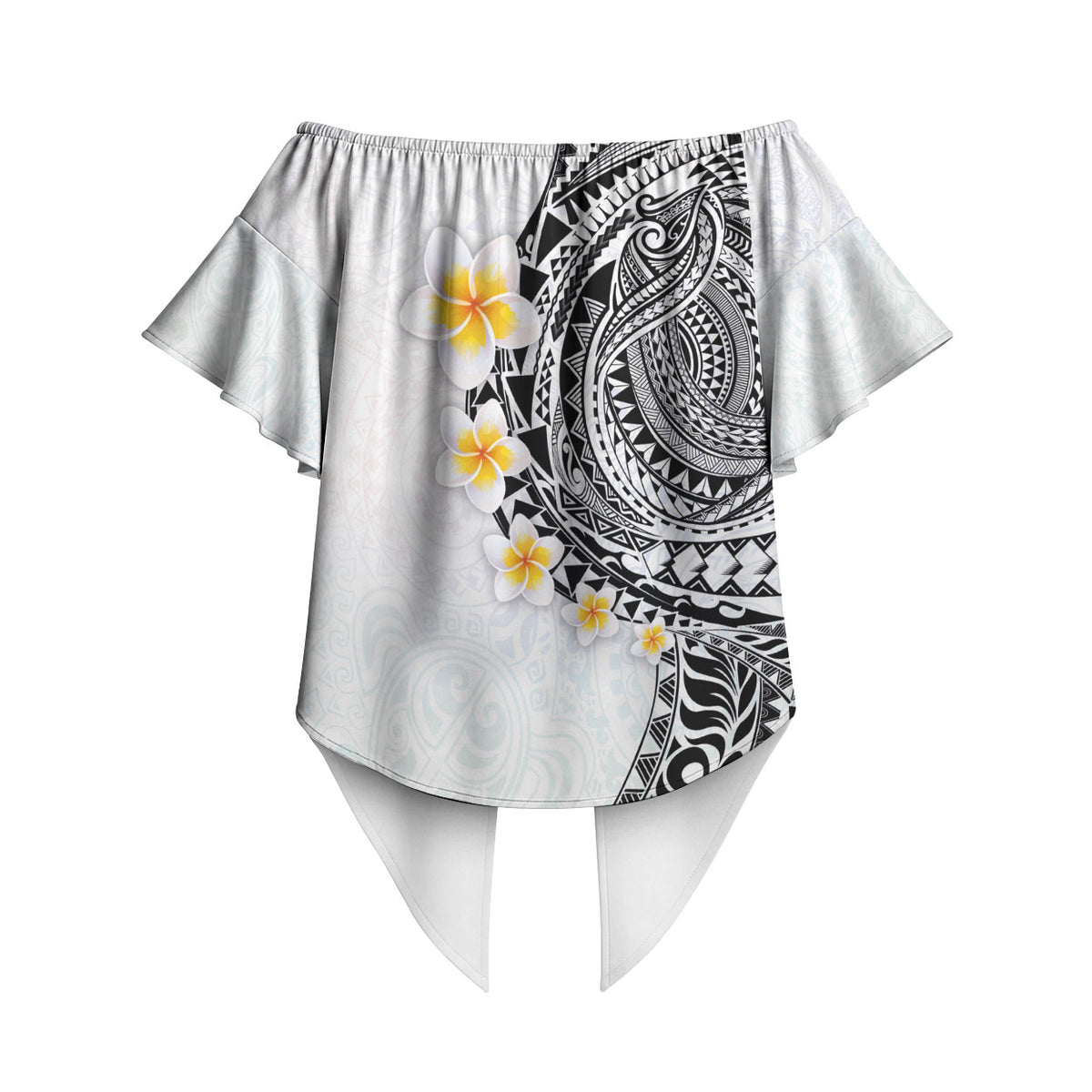 Hawaiian Tribal Tattoo and Plumeria Off Shoulder Wrap Waist Top Polynesian Pattern White Color