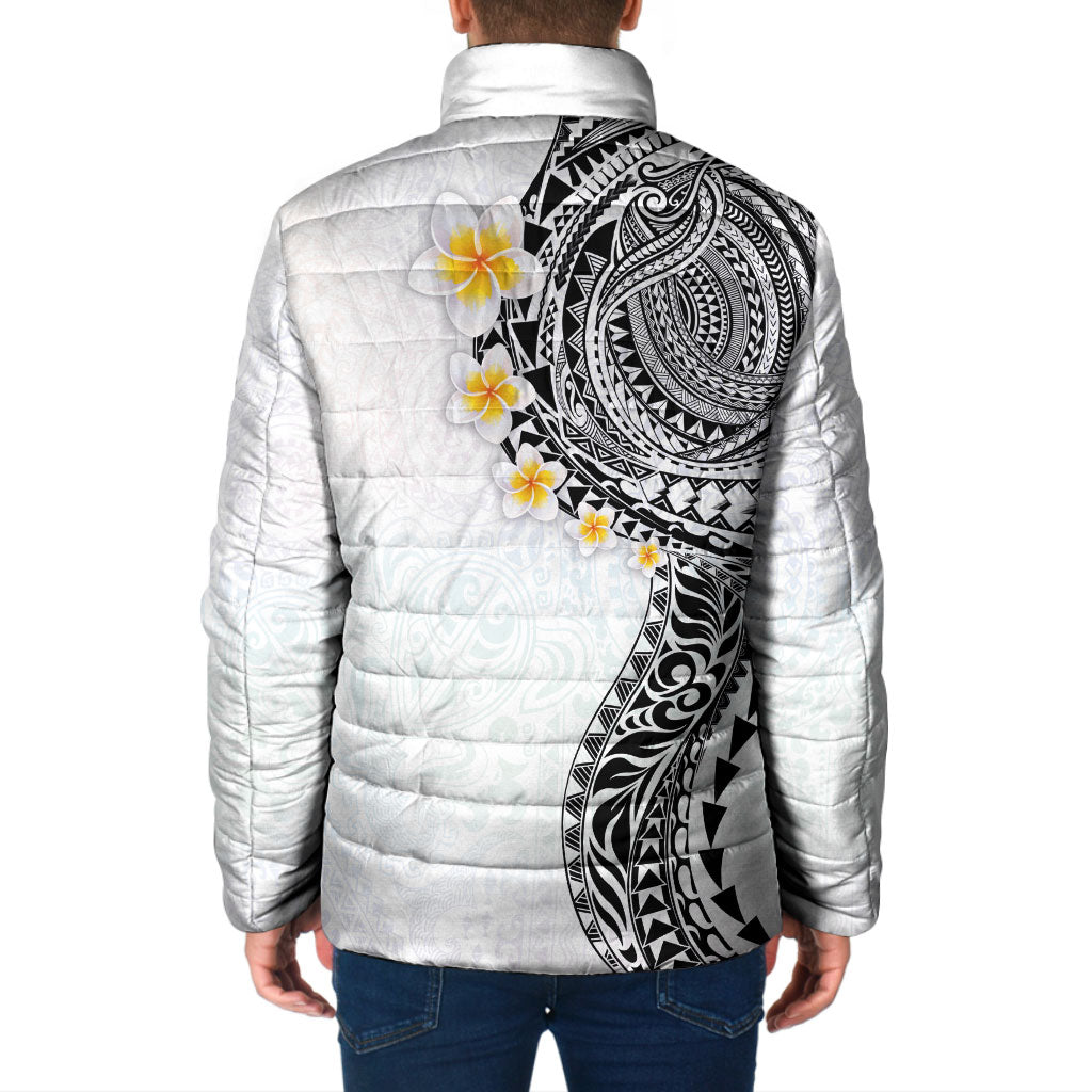 Hawaiian Tribal Tattoo and Plumeria Padded Jacket Polynesian Pattern White Color