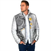Hawaiian Tribal Tattoo and Plumeria Padded Jacket Polynesian Pattern White Color