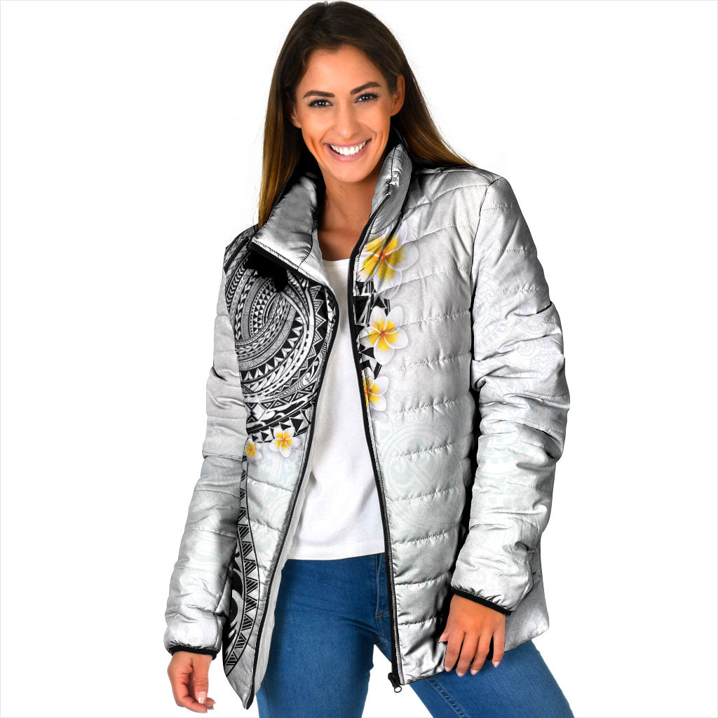 Hawaiian Tribal Tattoo and Plumeria Padded Jacket Polynesian Pattern White Color