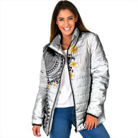 Hawaiian Tribal Tattoo and Plumeria Padded Jacket Polynesian Pattern White Color