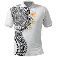 Hawaiian Tribal Tattoo and Plumeria Polo Shirt Polynesian Pattern White Color