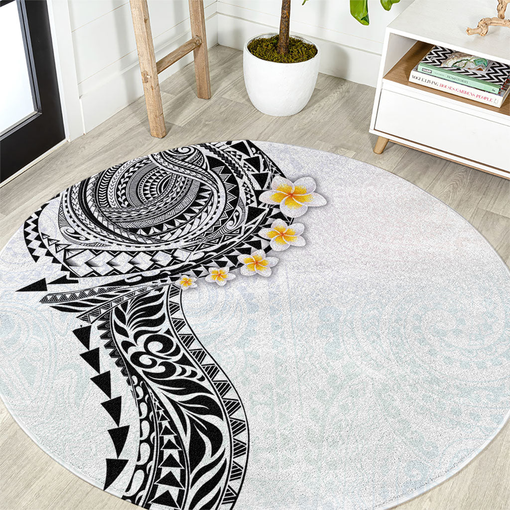 Hawaiian Tribal Tattoo and Plumeria Round Carpet Polynesian Pattern White Color