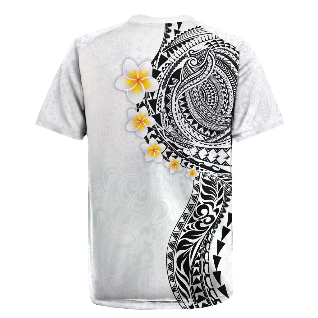 Hawaiian Tribal Tattoo and Plumeria Rugby Jersey Polynesian Pattern White Color
