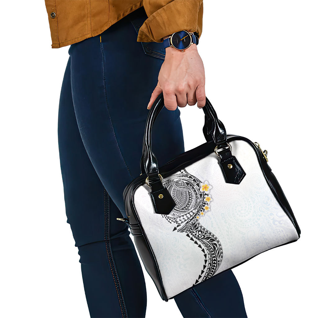 Hawaiian Tribal Tattoo and Plumeria Shoulder Handbag Polynesian Pattern White Color