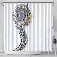 Hawaiian Tribal Tattoo and Plumeria Shower Curtain Polynesian Pattern White Color
