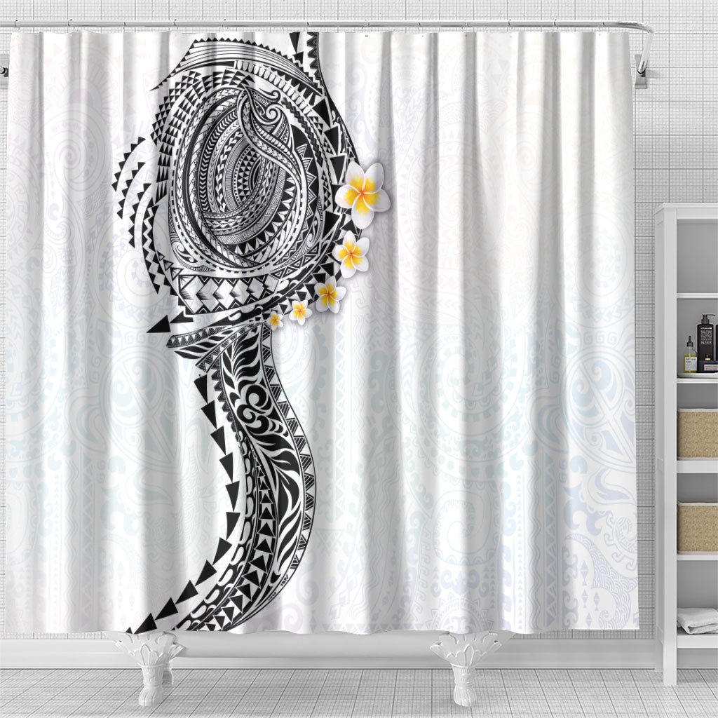 Hawaiian Tribal Tattoo and Plumeria Shower Curtain Polynesian Pattern White Color