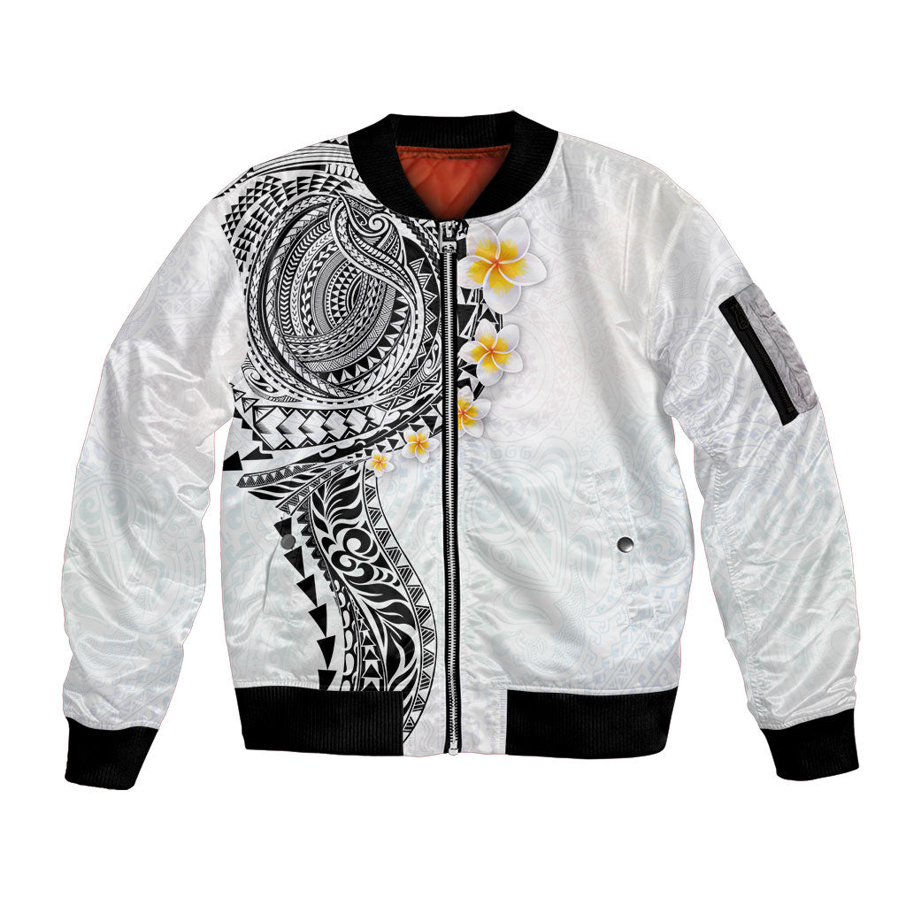 Hawaiian Tribal Tattoo and Plumeria Sleeve Zip Bomber Jacket Polynesian Pattern White Color