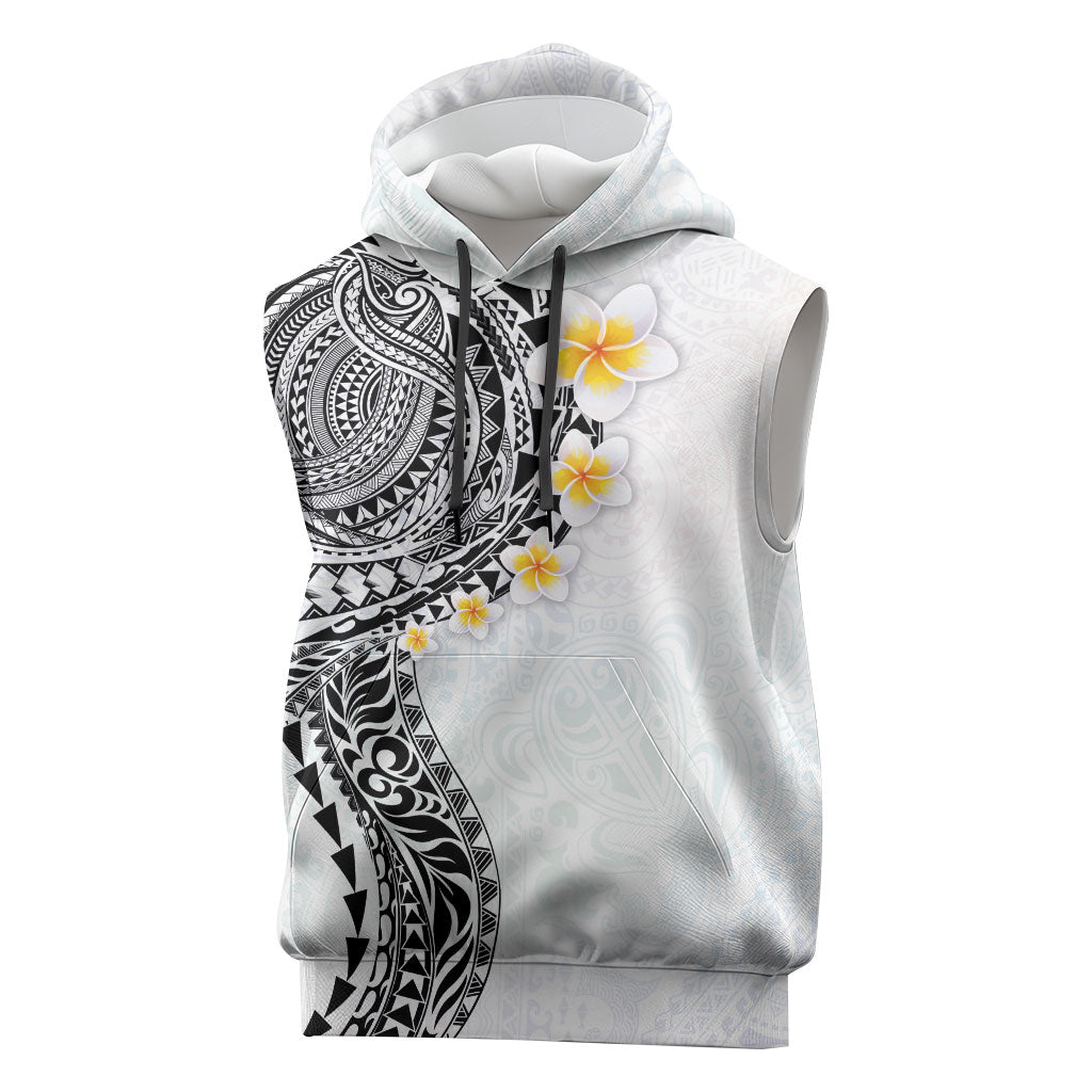 Hawaiian Tribal Tattoo and Plumeria Sleeveless Hoodie Polynesian Pattern White Color
