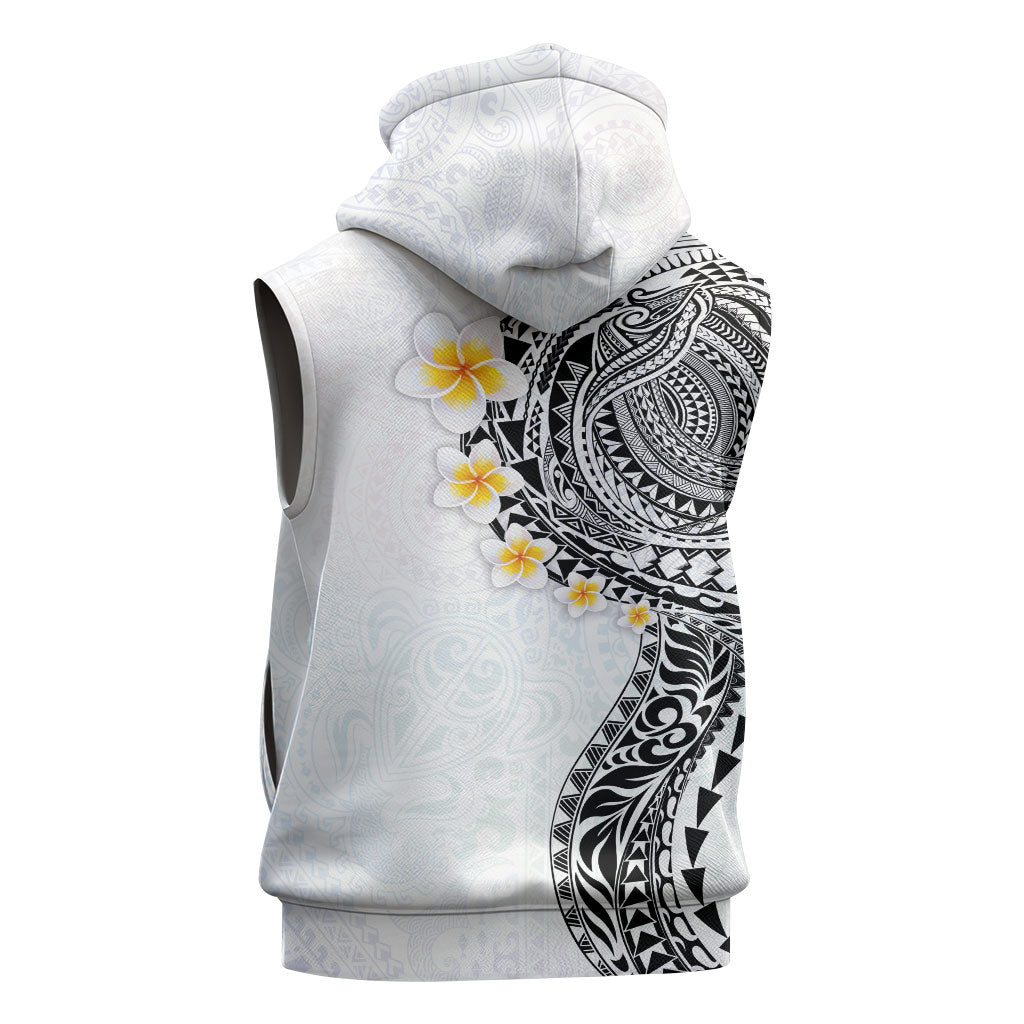 Hawaiian Tribal Tattoo and Plumeria Sleeveless Hoodie Polynesian Pattern White Color