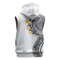 Hawaiian Tribal Tattoo and Plumeria Sleeveless Hoodie Polynesian Pattern White Color