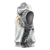 Hawaiian Tribal Tattoo and Plumeria Sleeveless Hoodie Polynesian Pattern White Color