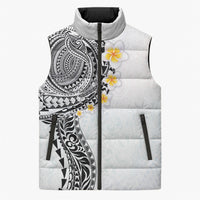 Hawaiian Tribal Tattoo and Plumeria Sleeveless Puffer Jacket Polynesian Pattern White Color