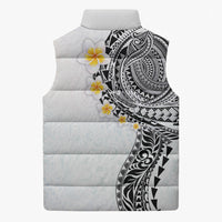 Hawaiian Tribal Tattoo and Plumeria Sleeveless Puffer Jacket Polynesian Pattern White Color