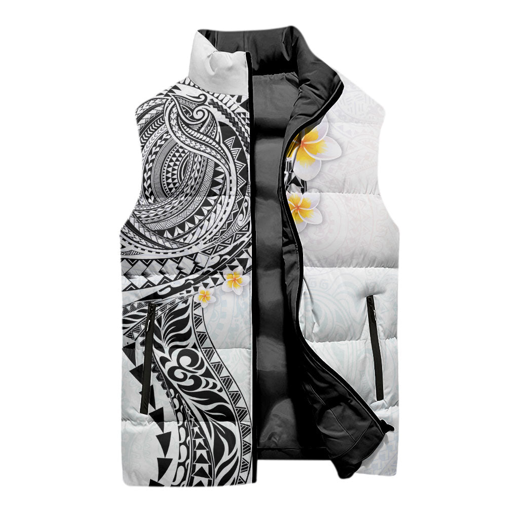Hawaiian Tribal Tattoo and Plumeria Sleeveless Puffer Jacket Polynesian Pattern White Color