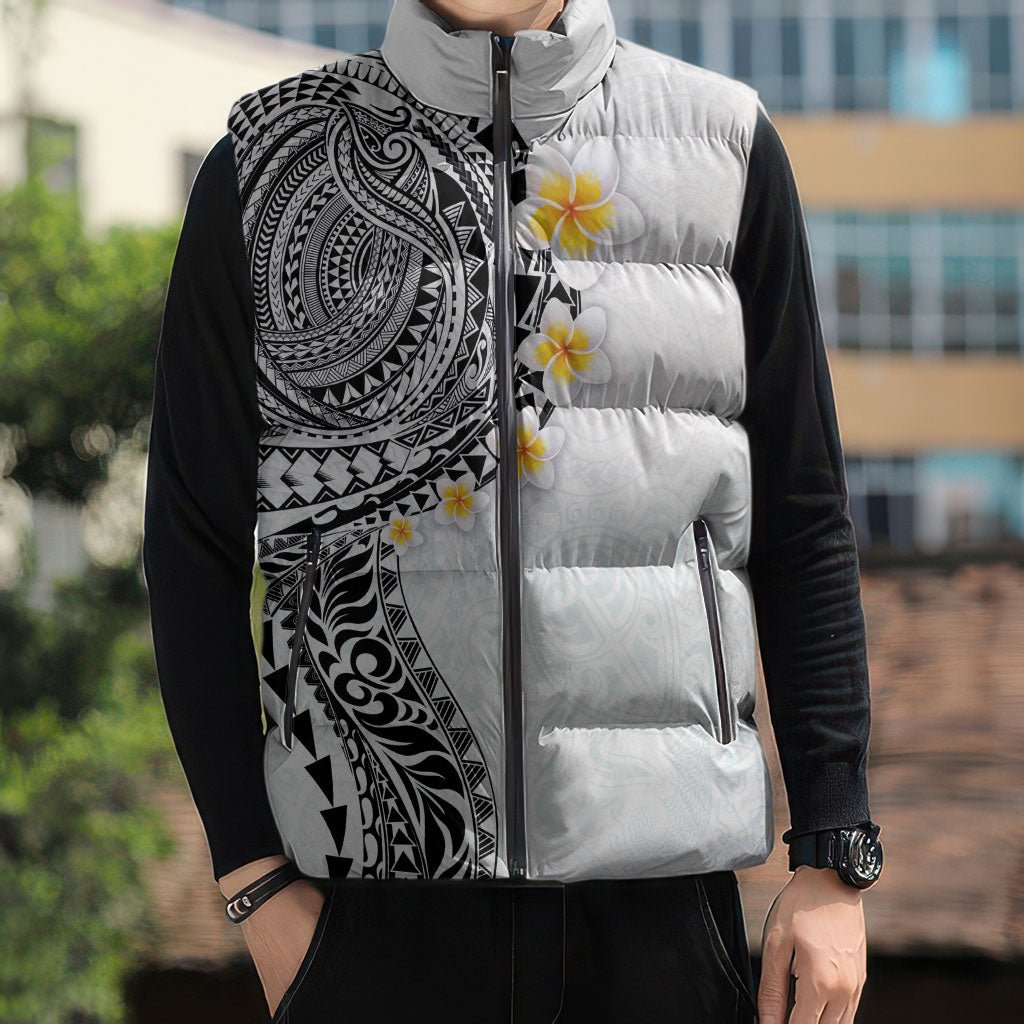 Hawaiian Tribal Tattoo and Plumeria Sleeveless Puffer Jacket Polynesian Pattern White Color