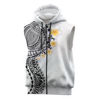 Hawaiian Tribal Tattoo and Plumeria Sleeveless Zip Hoodie Polynesian Pattern White Color