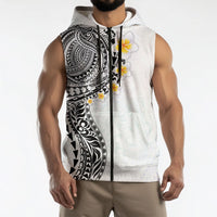 Hawaiian Tribal Tattoo and Plumeria Sleeveless Zip Hoodie Polynesian Pattern White Color