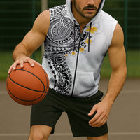 Hawaiian Tribal Tattoo and Plumeria Sleeveless Zip Hoodie Polynesian Pattern White Color