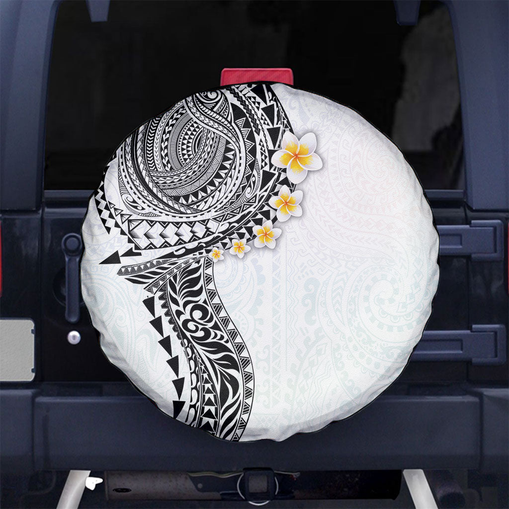 Hawaiian Tribal Tattoo and Plumeria Spare Tire Cover Polynesian Pattern White Color