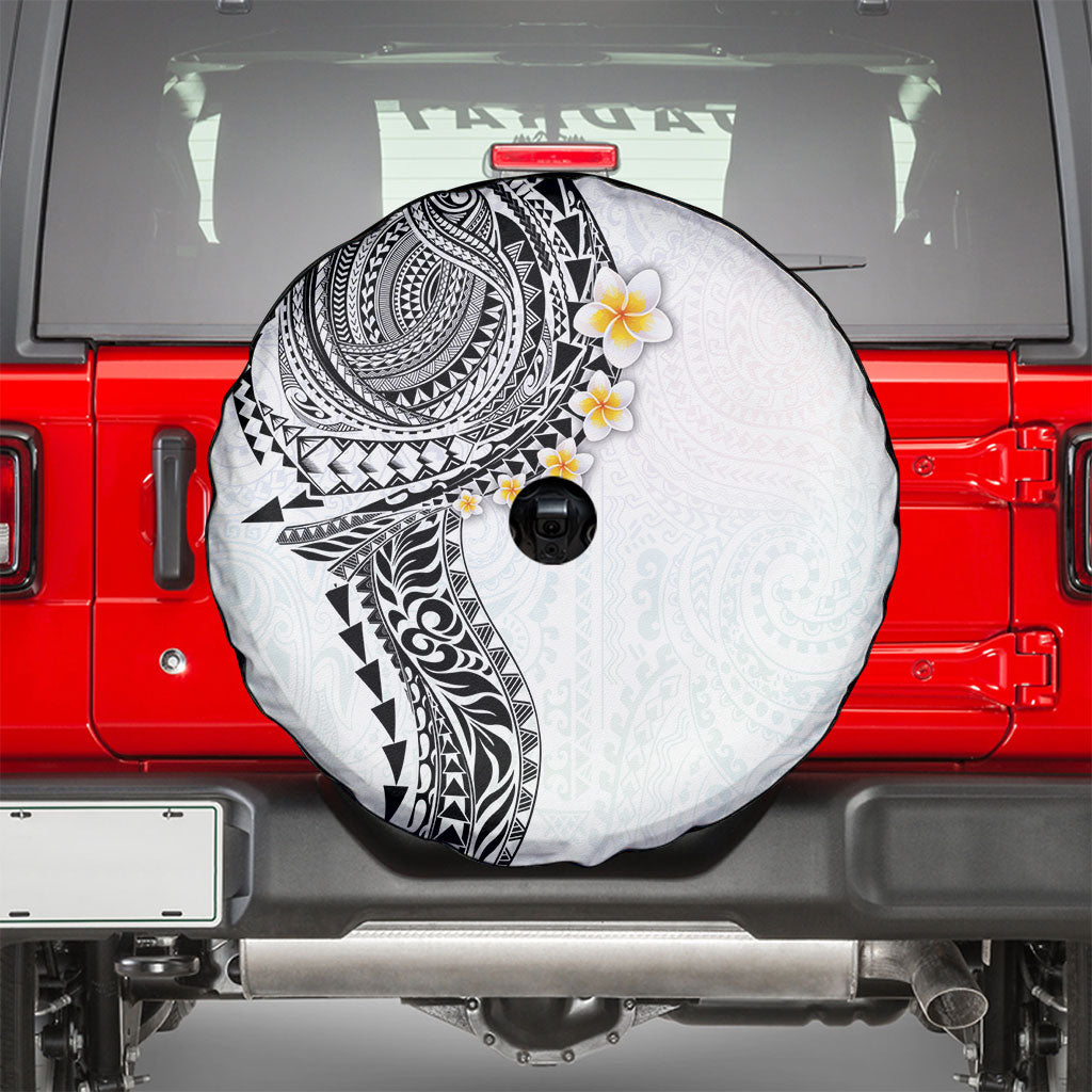 Hawaiian Tribal Tattoo and Plumeria Spare Tire Cover Polynesian Pattern White Color