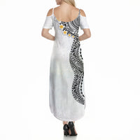 Hawaiian Tribal Tattoo and Plumeria Summer Maxi Dress Polynesian Pattern White Color