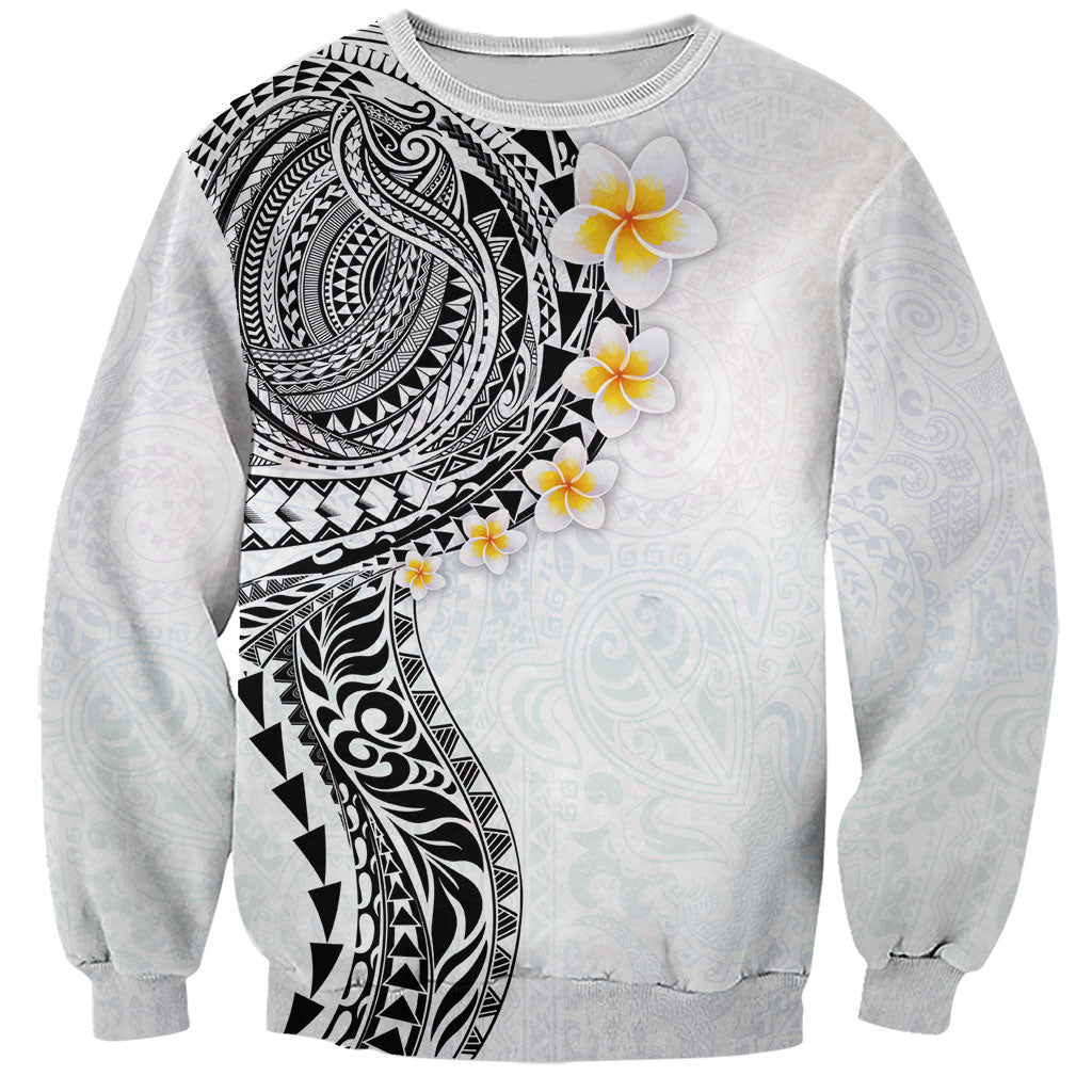 Hawaiian Tribal Tattoo and Plumeria Sweatshirt Polynesian Pattern White Color