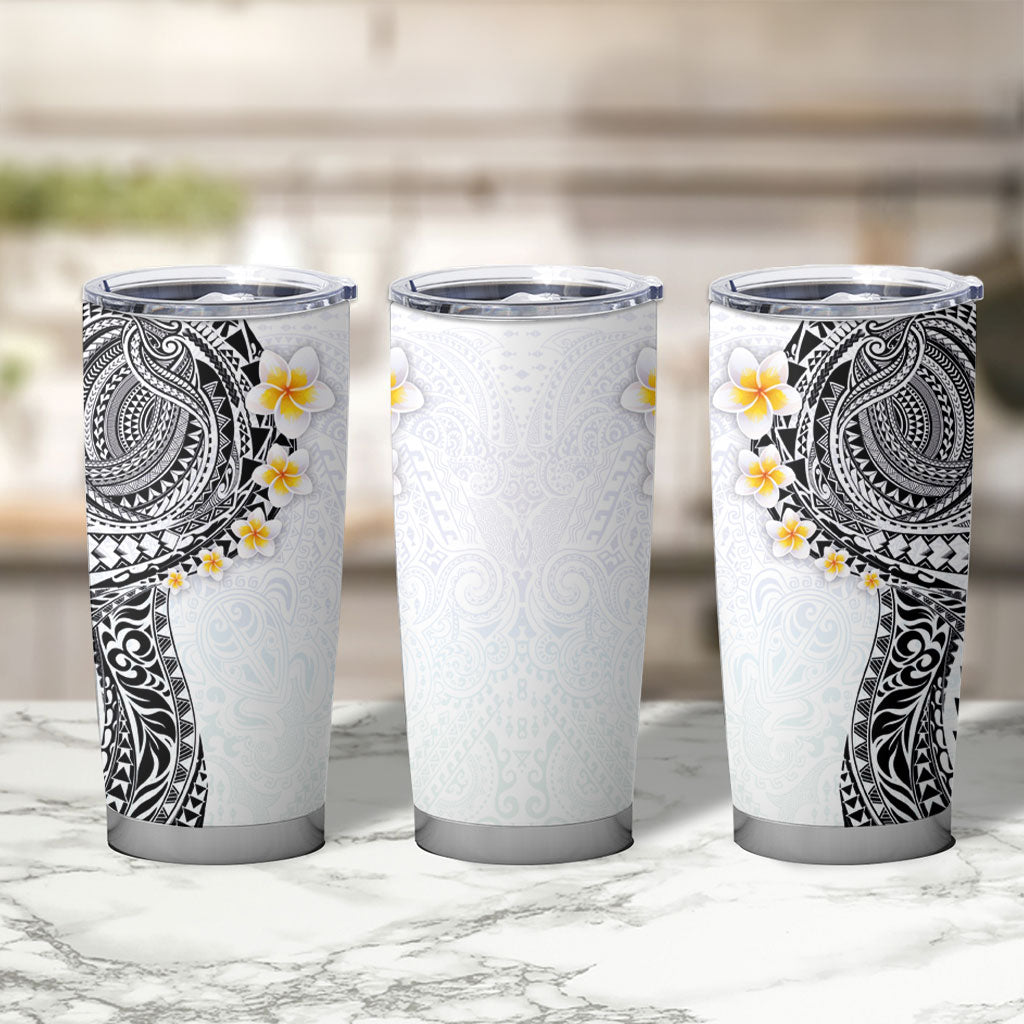 Hawaiian Tribal Tattoo and Plumeria Tumbler Cup Polynesian Pattern White Color