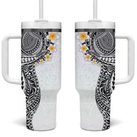Hawaiian Tribal Tattoo and Plumeria Tumbler With Handle Polynesian Pattern White Color
