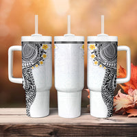 Hawaiian Tribal Tattoo and Plumeria Tumbler With Handle Polynesian Pattern White Color