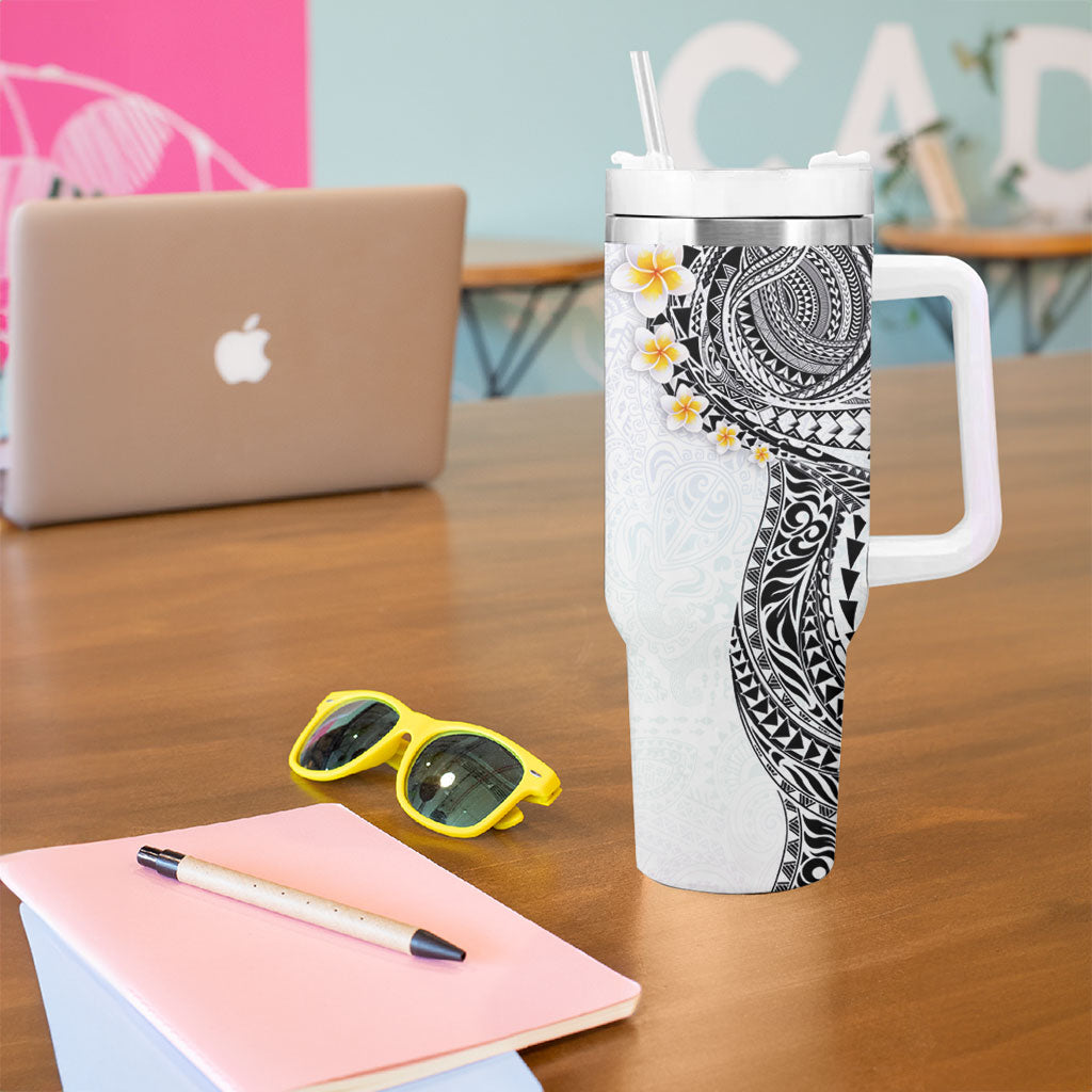 Hawaiian Tribal Tattoo and Plumeria Tumbler With Handle Polynesian Pattern White Color