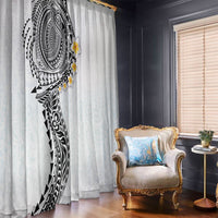 Hawaiian Tribal Tattoo and Plumeria Window Curtain Polynesian Pattern White Color
