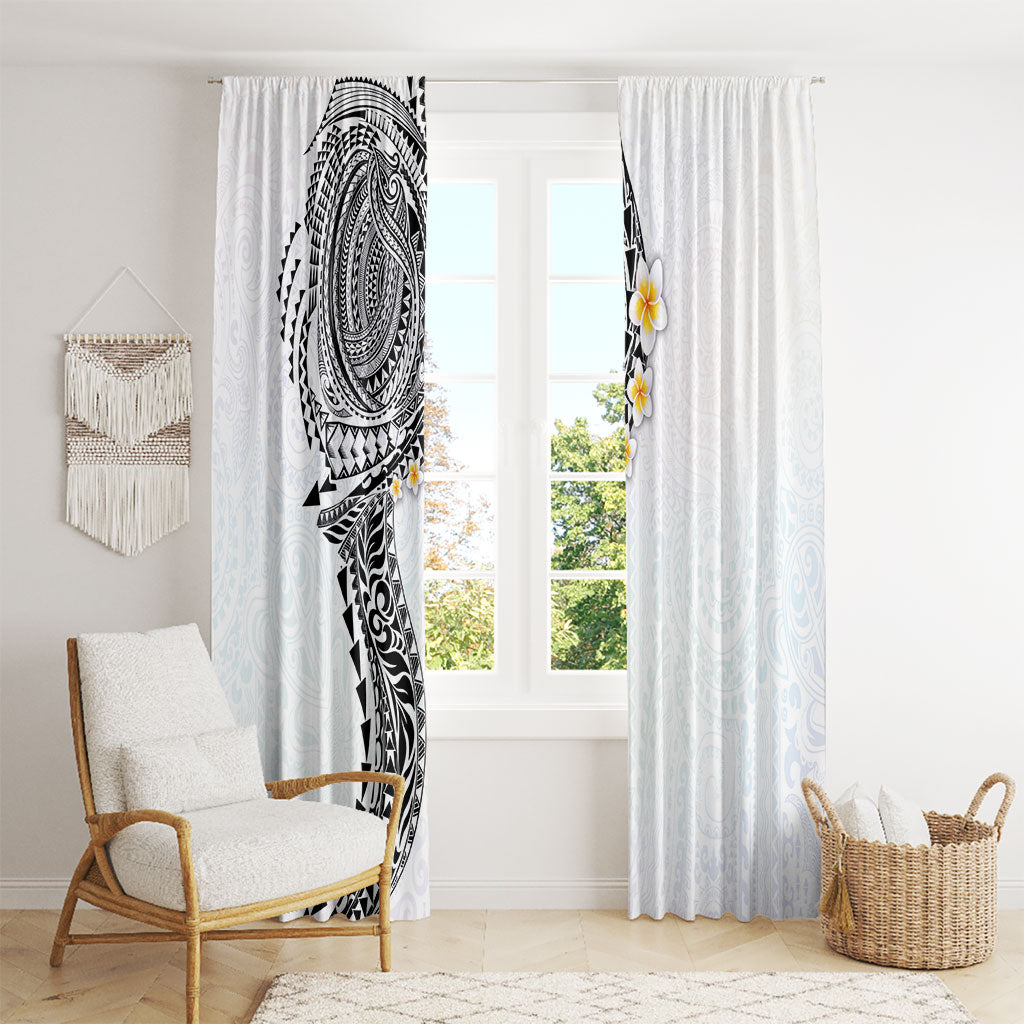 Hawaiian Tribal Tattoo and Plumeria Window Curtain Polynesian Pattern White Color