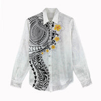 Hawaiian Tribal Tattoo and Plumeria Women Casual Shirt Polynesian Pattern White Color