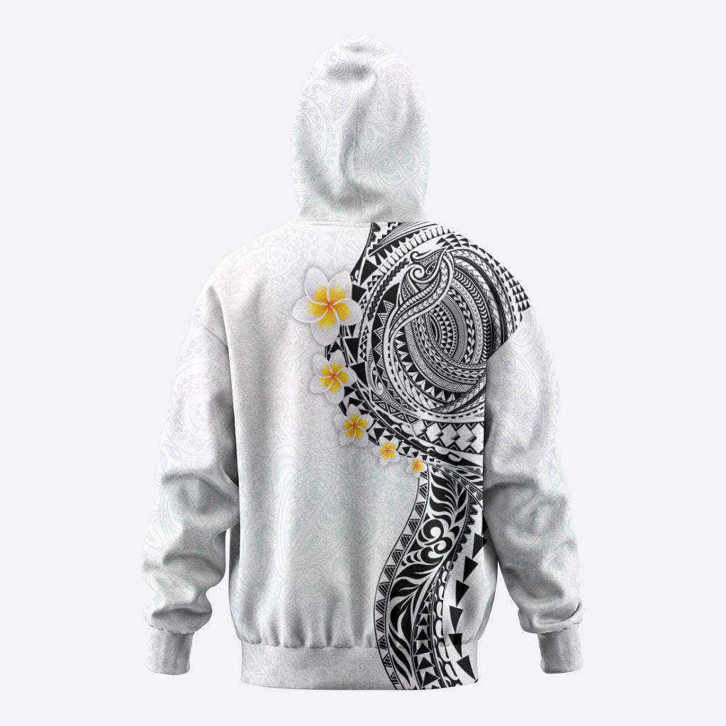Hawaiian Tribal Tattoo and Plumeria Zip Hoodie Polynesian Pattern White Color