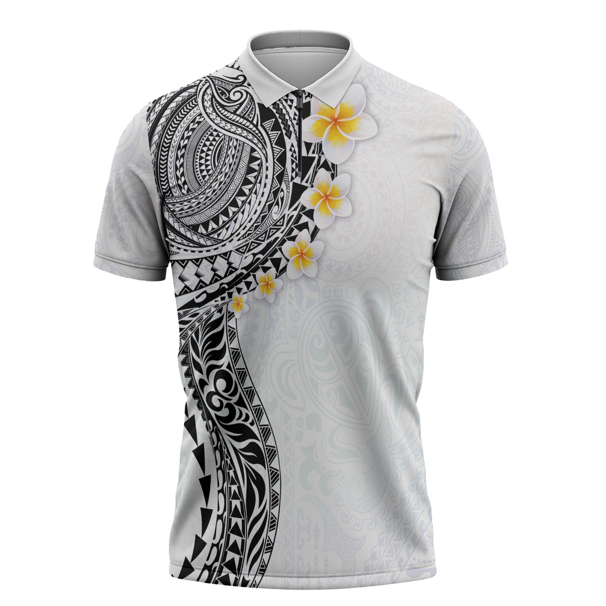 Hawaiian Tribal Tattoo and Plumeria Zipper Polo Shirt Polynesian Pattern White Color