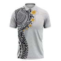 Hawaiian Tribal Tattoo and Plumeria Zipper Polo Shirt Polynesian Pattern White Color