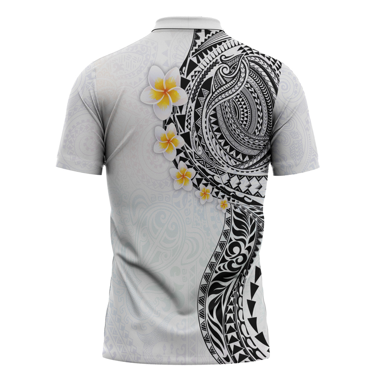 Hawaiian Tribal Tattoo and Plumeria Zipper Polo Shirt Polynesian Pattern White Color