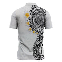 Hawaiian Tribal Tattoo and Plumeria Zipper Polo Shirt Polynesian Pattern White Color
