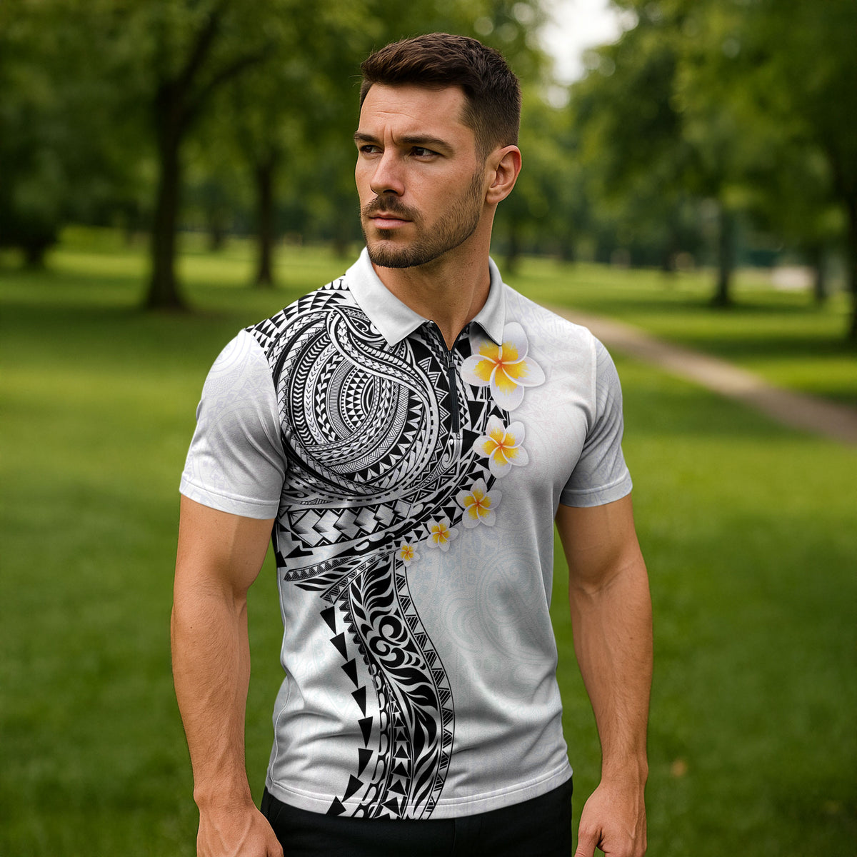 Hawaiian Tribal Tattoo and Plumeria Zipper Polo Shirt Polynesian Pattern White Color