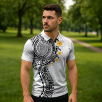Hawaiian Tribal Tattoo and Plumeria Zipper Polo Shirt Polynesian Pattern White Color