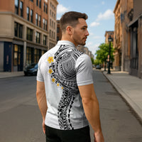 Hawaiian Tribal Tattoo and Plumeria Zipper Polo Shirt Polynesian Pattern White Color